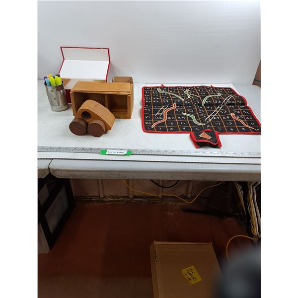 Hand-Sewn Snakes & Ladders Gameboard - Tangram Puzzle & Pieces - Wooden Box & Toy Car - As Is