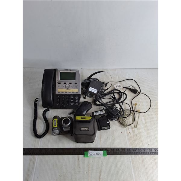 Cortelco Landline Phone, Headset, Ryobi Durashot Digital Camera w/Case, Cords - All Untested, As is