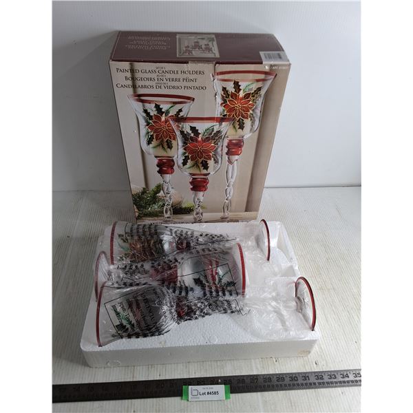 Set of 3 Painted Glass Festive Candle Holders - Appears Unused