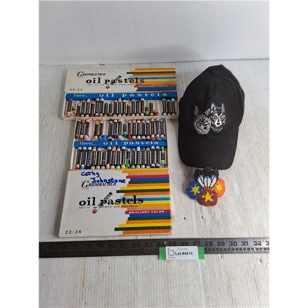 (2) Sets of Grumbacher Oil Pastels, Wolves Ball Cap, Indigenous Themed Barrette