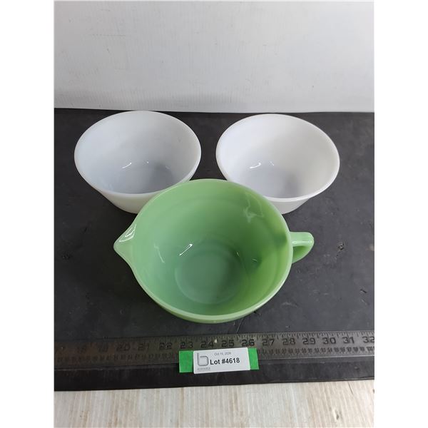 (3) Vintage Oven Safe Bowls - Jadeite Fire-King Pour is Cracked