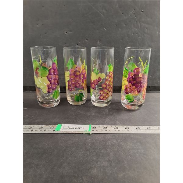(4) Glass Cups With Painted Grapes 7" Height
