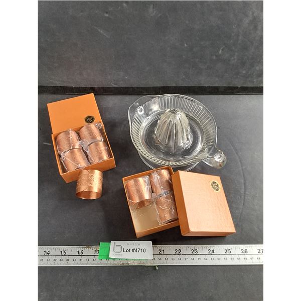 (2) Boxes Of (4) Copper Napkin Holders, Orange And Lemon Juicer