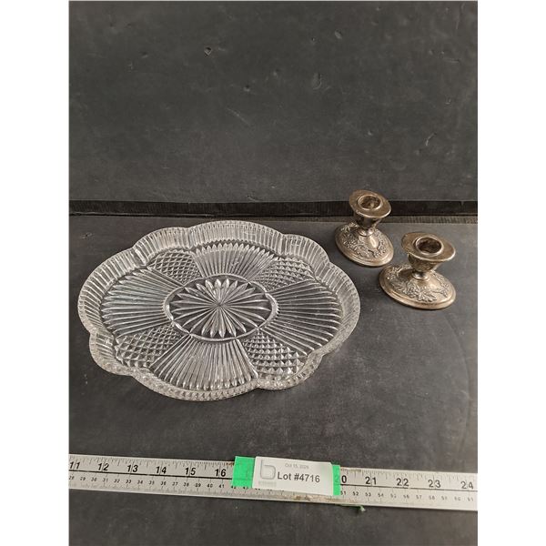 (2) Brass Candle Holders, Glass Plate 12" Long