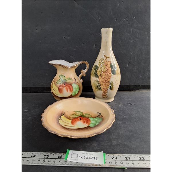 Ceramic Still Life Painted Dish, Vase, And Pitcher