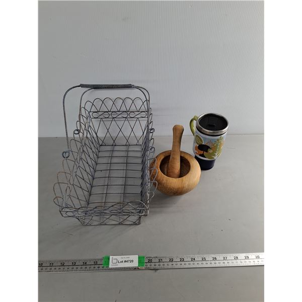 Insulated Travel Mug, Wooden Mortar And Pestle Set, Wire Gathering Basket