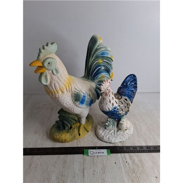 (2) Porcelain Rooster Ornaments - Tallest 14"