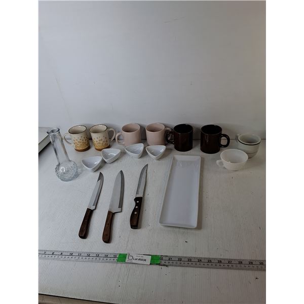 Kitchen Knives, Condiment Dishes, Coffee Mugs, Misc.