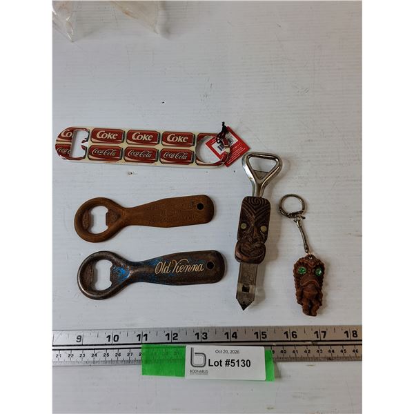 (3) Bottle Openers, (1) New Zealand Carved Bottle Opener, Hawaiian Coco Joe's Keychain