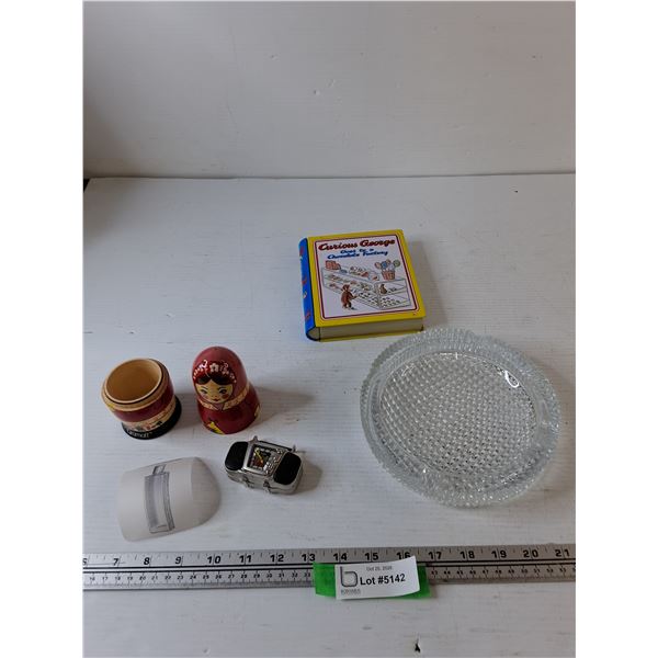 Russian Nesting Doll Vodka Bottle Cover, Curious George Tin, Ashtray, Timex Boombox Clock As-Is