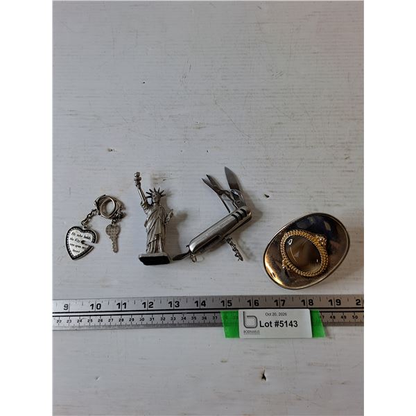 Small Pewter Statue of Liberty, Pocketknife, Belt Buckle, Heart Keychain