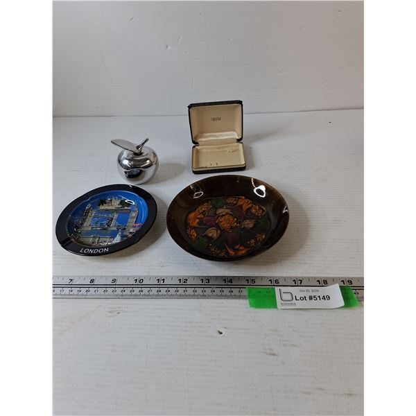 London & Floral Metal Ashtrays, Swann Jewelry Box, Metal Apple Sculpture