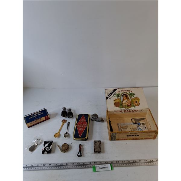 La Paulina Cigar Case with (2) Souvenir Spoons, Small Playing Cards, Gauze, Math Instruments, Misc