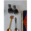 Image 4 : La Paulina Cigar Case with (2) Souvenir Spoons, Small Playing Cards, Gauze, Math Instruments, Misc