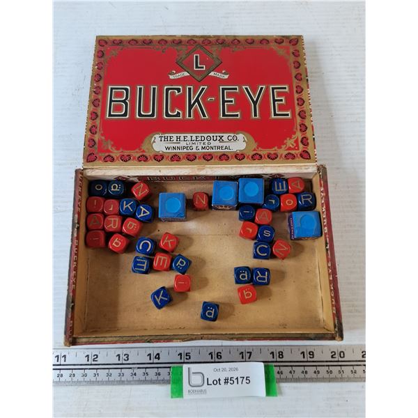 Buck-Eye Cigar Box and Assorted Vintage Die, (4) Pool Cue Chalks