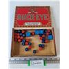 Image 1 : Buck-Eye Cigar Box and Assorted Vintage Die, (4) Pool Cue Chalks