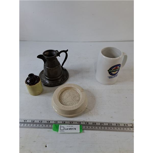 Small Ceramic Moonshine Jug, Metal Pouring Jug, Labatt Ceramic Stein, Cucina Soap Dish
