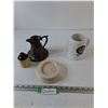 Image 1 : Small Ceramic Moonshine Jug, Metal Pouring Jug, Labatt Ceramic Stein, Cucina Soap Dish