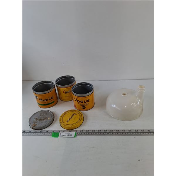 (3) Orange/Yellow Cigarette Tobacco Canisters with (2) Lids, Glass Juicer Funnel