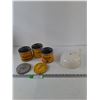 Image 1 : (3) Orange/Yellow Cigarette Tobacco Canisters with (2) Lids, Glass Juicer Funnel