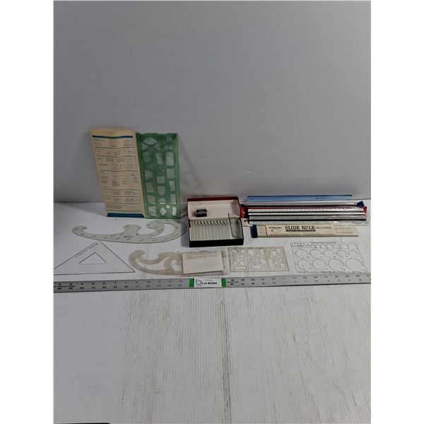 (4) Rulers,Sliding Ruler,Microscope Slides,Assorted Drafting Stencils