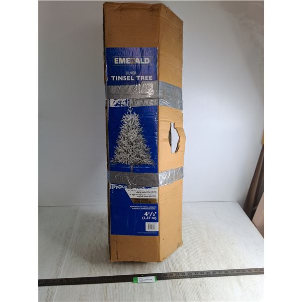 Emerald  Silver Tinsel Tree  - 4.5' Assembled - 39x7x9  Box, Pickup Only