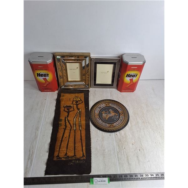 (2) Unused Papyrus Mirrored Picture Frames, T-Max Tins, Egyptian Decorative Plate, African Tapestry