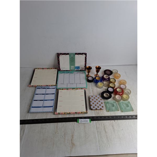 Assorted Candles & Holders, Day Planners, Copper Liquer Glasses