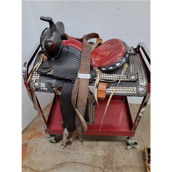 Vintage Western Parade Saddle in Black & Red Leather w/,Bridle & Breat Collar Pickup Only