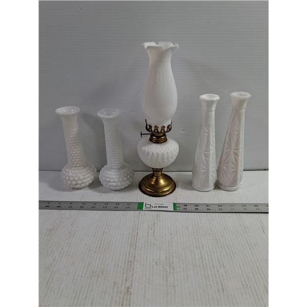 Vintage Milk Glass Lot-(2) Pairs of Vases and Oil Lamp