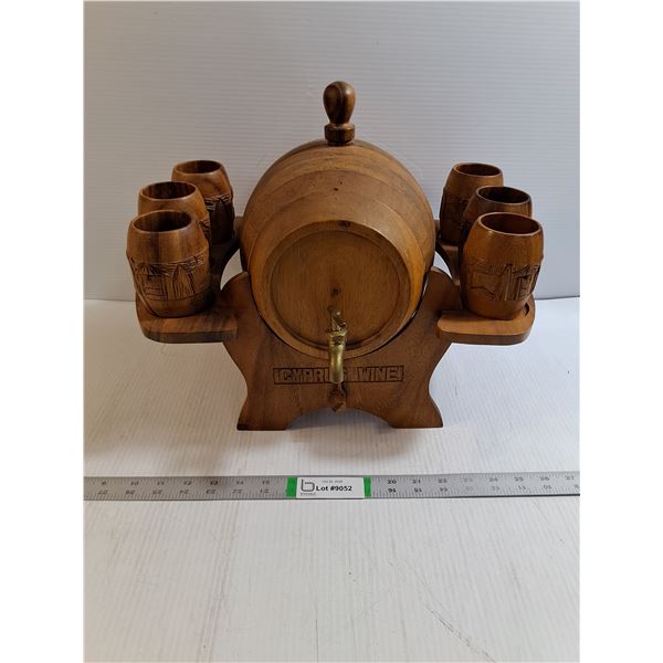 Vintage Hand-Carved Wooden Barrel Drink Dispenser Set with Matching Cups and Wooden Stand