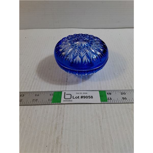 Cobalt Blue Cut-to-Clear Crystal Lidded Bowl