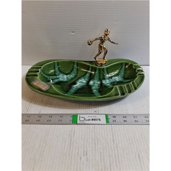 Vintage Green Ceramic Bowling Trophy Ashtray