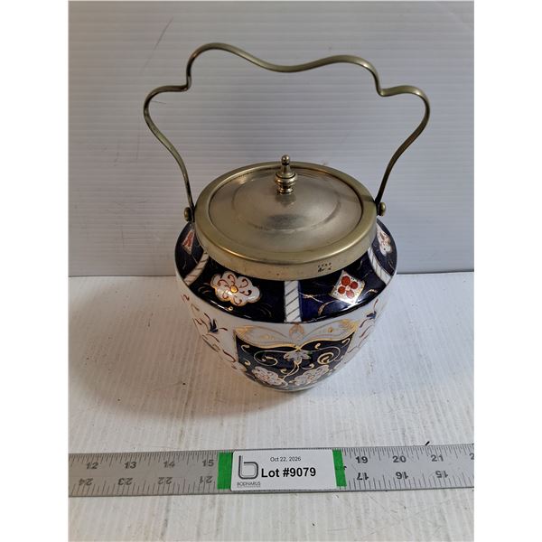 Antique Porcelain Biscuit Barrel with Metal Swing Handle