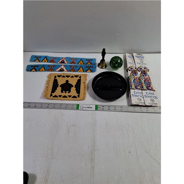 (3) Pkgs. of incense,Ashtray,Paperweight,Bell,Bead work Art,Small Cotton Mat