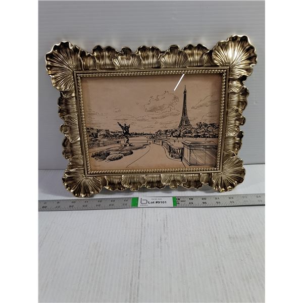 Framed Black-and-White Sketch of Parisian Cityscape with Eiffel Tower in Gold-Tone Frame