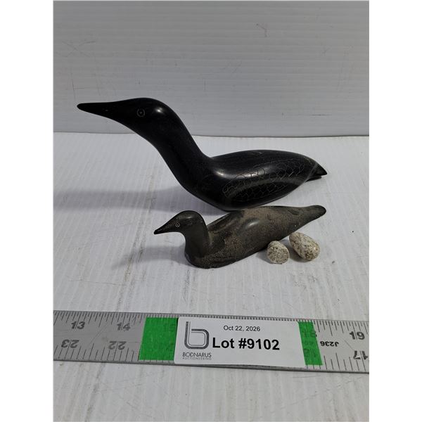 (2) Hand-Carved Black Stone Loon Sculpture