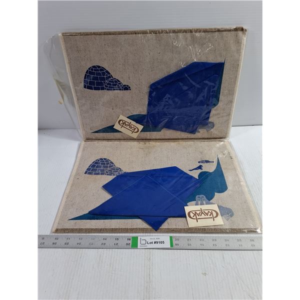 (2) Sets of Vintage Woven Textile Placemats and Matching Blue Napkins Featuring Indigenous Art