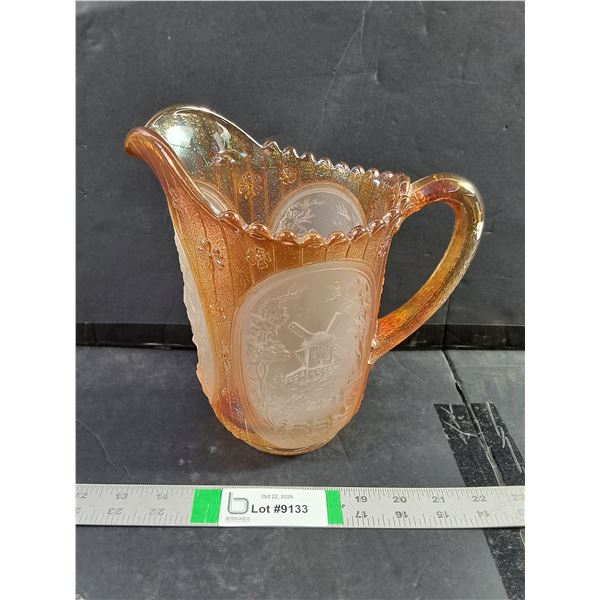 Vintage Carnival Glass Pitcher Opalescent to Marigold  Windmill Pattern -7 3/4  Tall