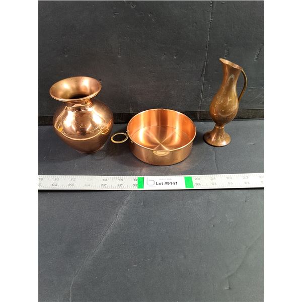 (3) Vintage Decorative Copper Pieces-Rounded Vase,Small Handled Dish,Miniature Pitcher