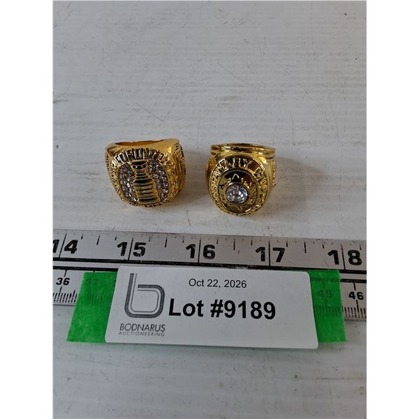 (2) Gold-Toned Replica NHL Hockey Championship Rings, Sizes 11 and 10 Maple Leaves