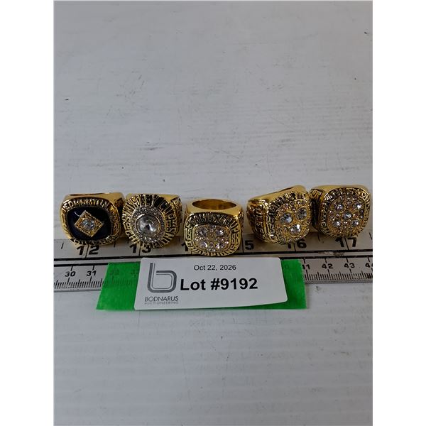 (5) Gold-Toned Replica NHL Hockey Oilers Championship Rings, (3) Sizes 11 and (2) 10