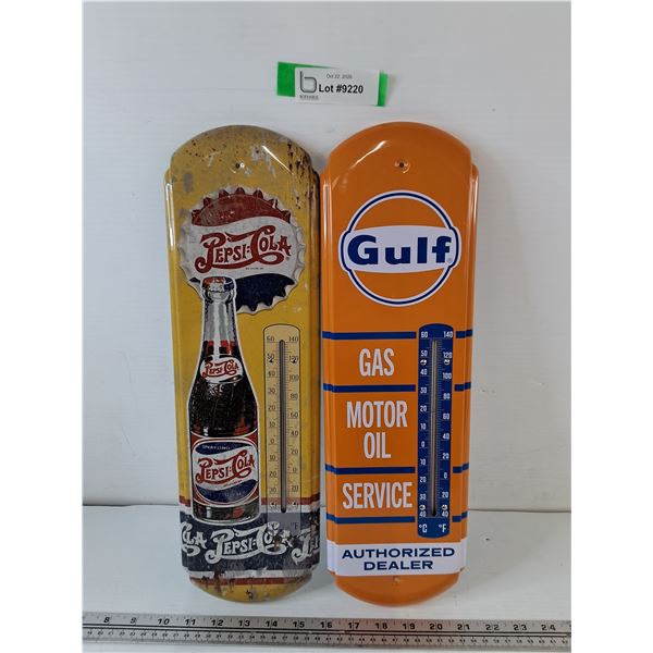 Pepsi-Cola and Gulf Gas/Motor Oil/Service MetalWall Mounted Thermometers