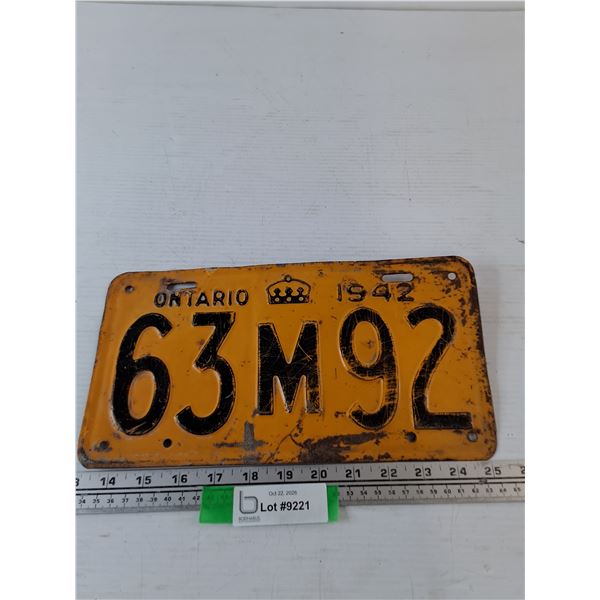 Ontario License Plate 1942 As-Is