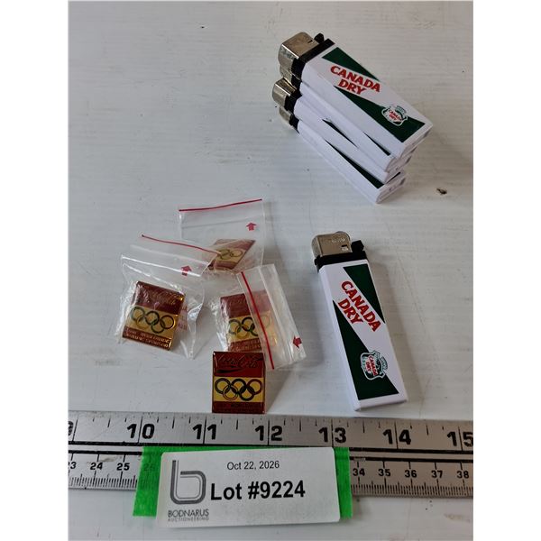 (4) Coca-Cola 1988 Olympics Sponsor Pins, (5) Canada Dry Lighters All Tested No Fuel As-Is