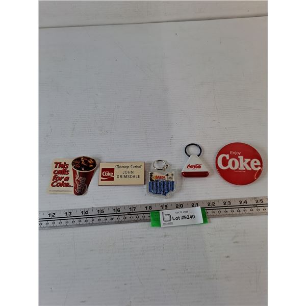 Ohio Lottery Keychain, (2) Coca-Cola Pins, (1) Coca-Cola Keychain, (1) Employee Badge