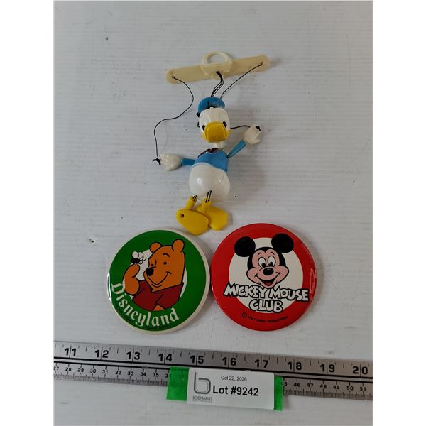 Mickey Mouse and Winnie The Pooh Buttons, Donald Duck Marionette Doll Toy