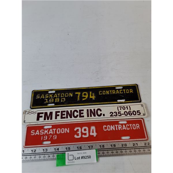 (2) Saskatoon Contractor License Plate Addons 1979/80, FM Fence Advertisement