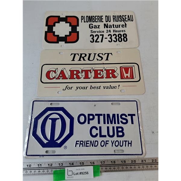 (3) License Plate Advertisements- Optimist Club, Trust Carter, French Natural Gas Service