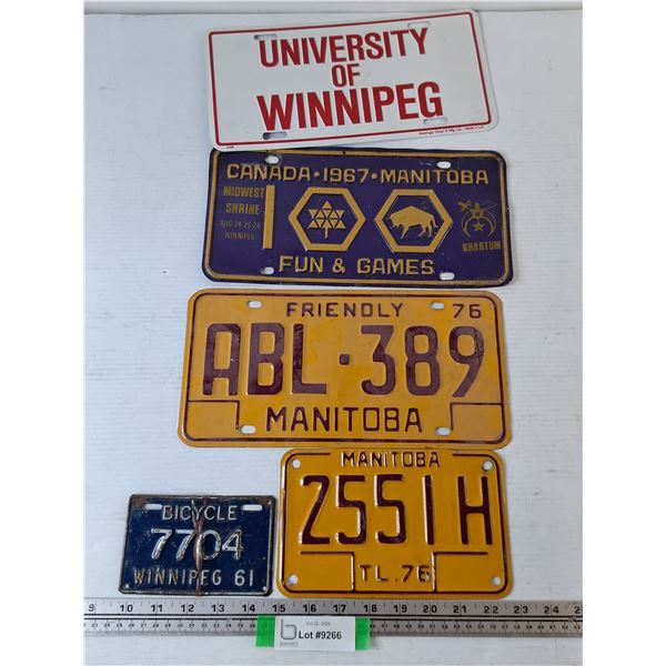 (5) License Plates- Winnipeg Bicycle, Manitoba, University of Winnipeg
